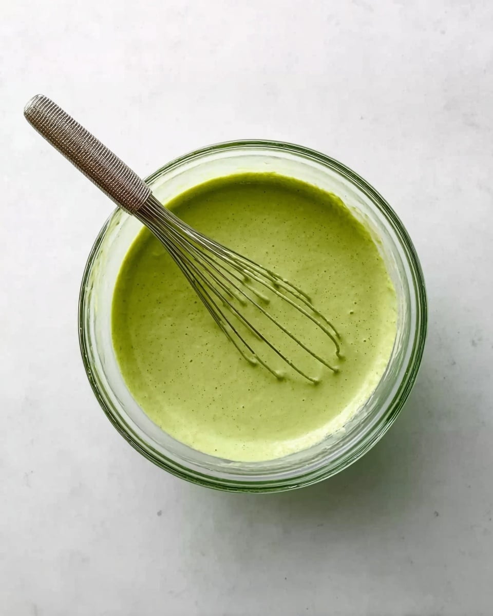 A clear glass bowl placed on a white marbled surface holds a single thick layer of smooth, green batter. A metal whisk rests inside the bowl, partly submerged in the batter, with the handle extending out towards the right side. The green batter has a slightly creamy texture with small air bubbles visible across the surface. photo taken with an iphone --ar 4:5 --v 7