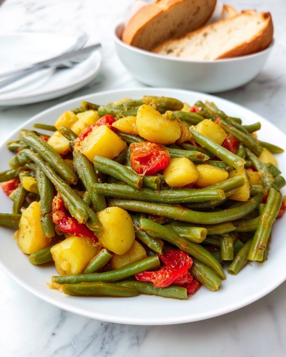 The dish is served on a white plate filled with green beans mixed with small yellow potato pieces and red tomato chunks. The green beans cover most of the plate, with the yellow potato pieces and red tomato pieces spread evenly throughout, giving the dish a mix of green, yellow, and red colors with a soft texture. Behind the plate, there is a white bowl holding a slice of bread, all placed on a white marbled surface. Photo taken with an iphone --ar 4:5 --v 7