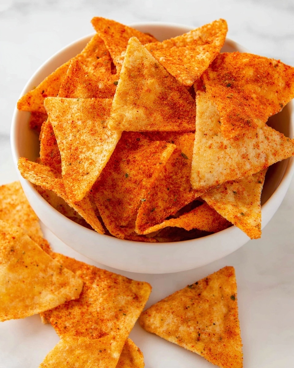 A white bowl filled with two layers of triangular chips; the bottom layer is pale yellow with a smooth, slightly bubbly texture, while the top layer is heavily coated with a bright orange-red seasoning, giving them a rough, powdery look. Some chips are spilling out of the bowl onto a white marbled surface, showing more of the pale-yellow chips underneath with a few seasoned ones on top. The image is close-up and well-lit, showing the contrast between the plain and spiced chips. photo taken with an iphone --ar 4:5 --v 7