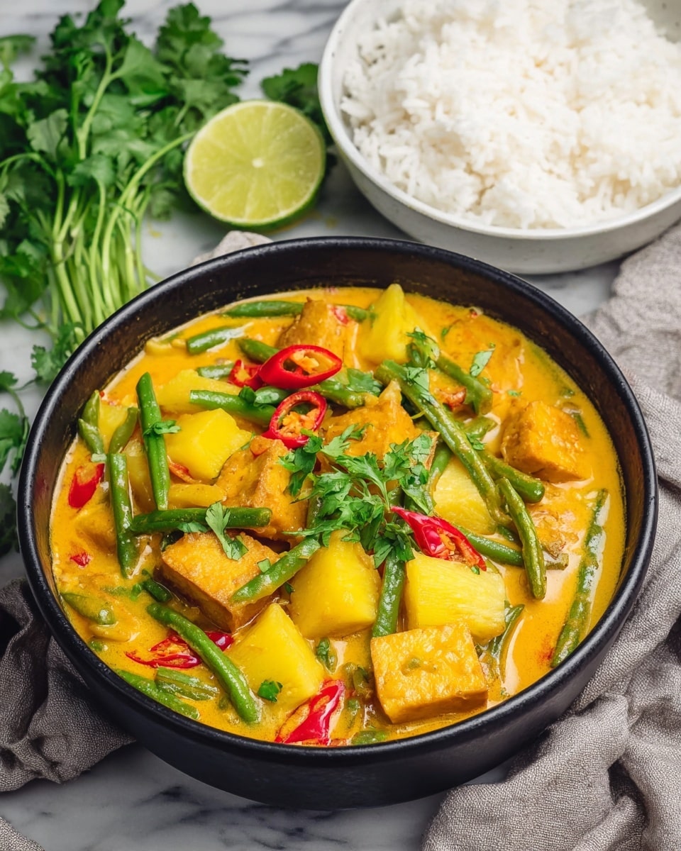 A black bowl filled with a thick yellow curry that has visible chunks of golden brown tofu, bright yellow pineapple pieces, green beans, and thin slices of red chili scattered throughout. Small green cilantro leaves are spread on top, adding a fresh touch. Next to the bowl is a white bowl full of fluffy cooked white rice, a halved lime, and a few sprigs of fresh cilantro on a white marbled surface. The scene is soft and colorful with a cozy cloth partly visible under the bowl. photo taken with an iphone --ar 4:5 --v 7