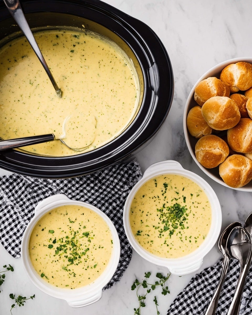 A black slow cooker on the left filled with thick creamy yellow soup with green herb bits on top and a ladle inside stirring the soup. On the right, two white handled bowls filled with the same yellow creamy soup topped with chopped green herbs. Below the bowls is a white bowl filled with several golden brown rolls. To the right of the bowls and slow cooker are three silver spoons placed on a black and white checkered cloth. The items are placed on a white marbled surface. photo taken with an iphone --ar 4:5 --v 7