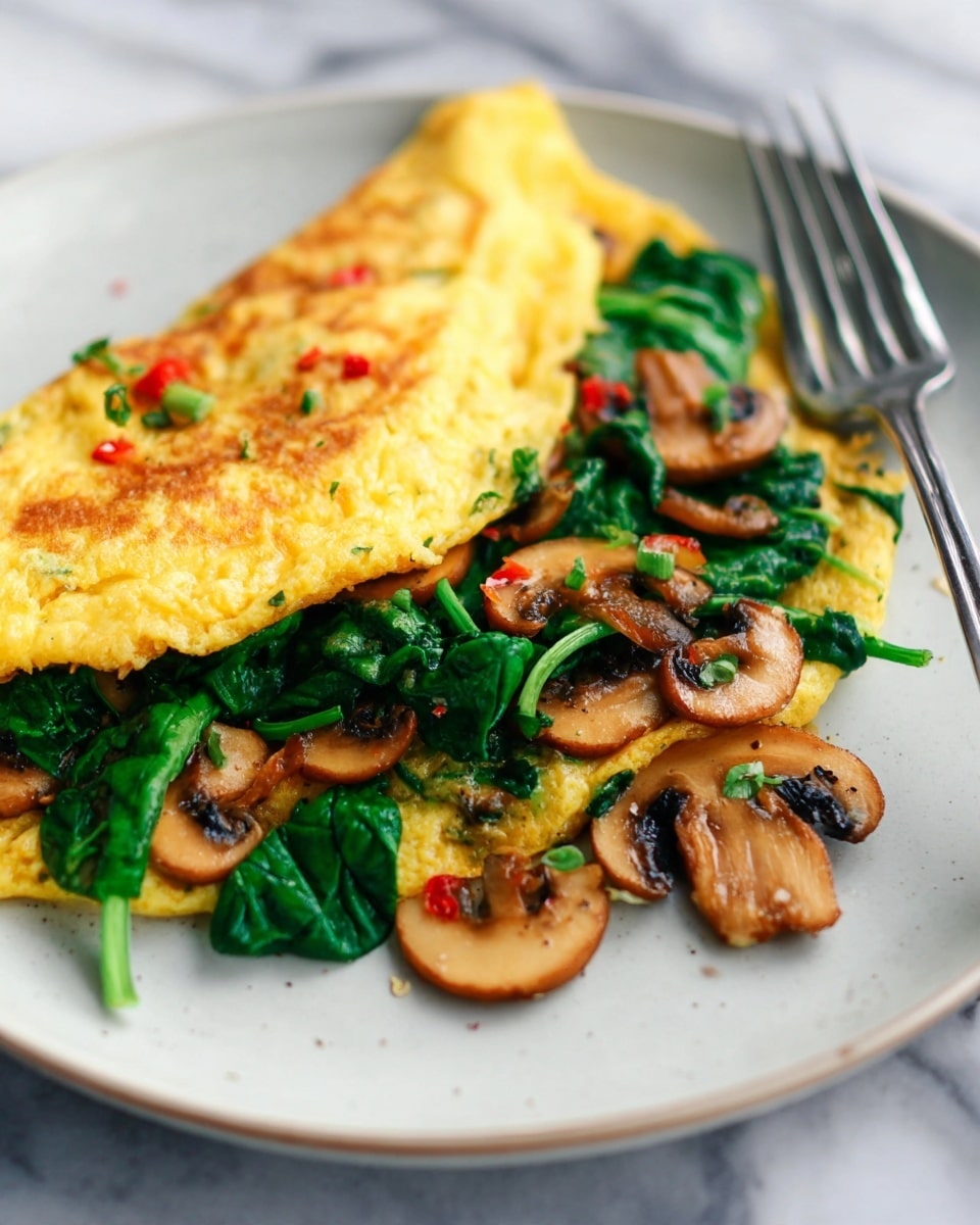 A white plate holds a two-layer dish: the bottom layer is made of cooked spinach leaves with a bright green color and sautéed light brown mushroom slices scattered both under and around the second layer. The top layer is a folded yellow omelet that has visible small red and green bits mixed inside, with a slightly soft and textured surface. The plate rests on a white marbled surface, and a silver fork is placed to the upper right side of the plate. The focus is close-up, showing the detailed textures of the spinach, mushrooms, and omelet. Photo taken with an iphone --ar 4:5 --v 7