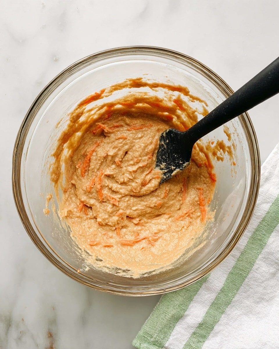 A clear glass bowl sits on a white marbled surface, filled almost halfway with a thick, light brown mixture that has visible thin orange strands mixed throughout, likely grated carrots. The mixture has a creamy and slightly lumpy texture, with a black spatula resting inside the bowl, its edge coated in some of the mixture. In the bottom right corner, part of a white cloth with green stripes is visible. photo taken with an iphone --ar 4:5 --v 7