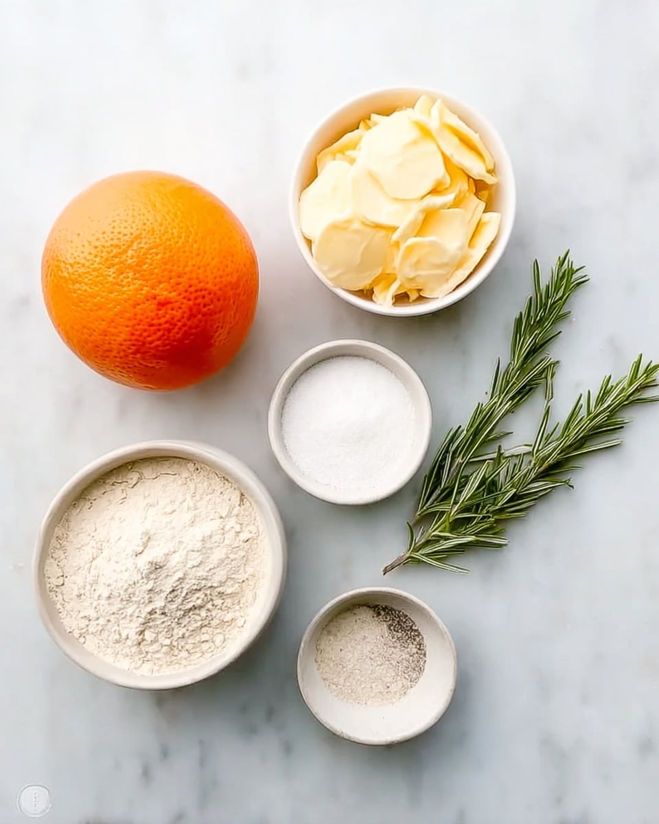 The image shows cooking ingredients laid out on a white marbled surface. There is a whole bright orange grapefruit to the left, and above it, a small white bowl filled with pale yellow butter curls. Below the grapefruit, a white bowl holds fine white sugar, next to a small white bowl of coarse salt. In the center, a larger white bowl contains light beige flour with a soft texture. To the right of the flour bowl, two sprigs of fresh green rosemary are placed side by side. The arrangement is neat and simple. Photo taken with an iphone --ar 4:5 --v 7