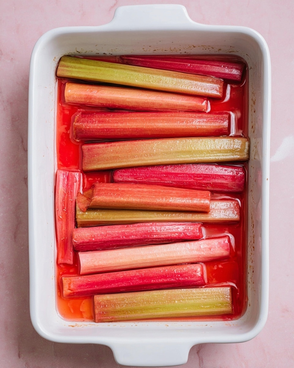 The image shows a white rectangular baking dish filled with about two layers of rhubarb stalks. The rhubarb is arranged side by side, with colors ranging from soft greenish-yellow to deep pink and red, each stalk glistening with a shiny, slightly wet texture. Some red juice pools at the bottom and spreads around the rhubarb, giving a glossy look to the whole dish. The dish is placed on a white marbled surface with a soft pink background visible behind it. Photo taken with an iphone --ar 4:5 --v 7