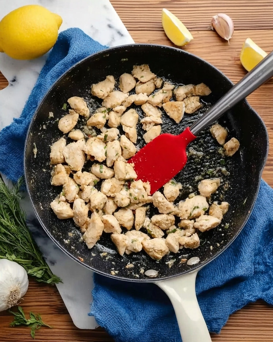 A close-up shows a black skillet with a white handle sitting on a wooden surface next to a white marbled texture. Inside the skillet, there are many small pieces of light beige chicken cooking. A red spatula with a silver handle is stirring the chicken. Around the skillet, there is a blue cloth, some green herbs, a garlic bulb, and two yellow lemons. photo taken with an iphone --ar 4:5 --v 7