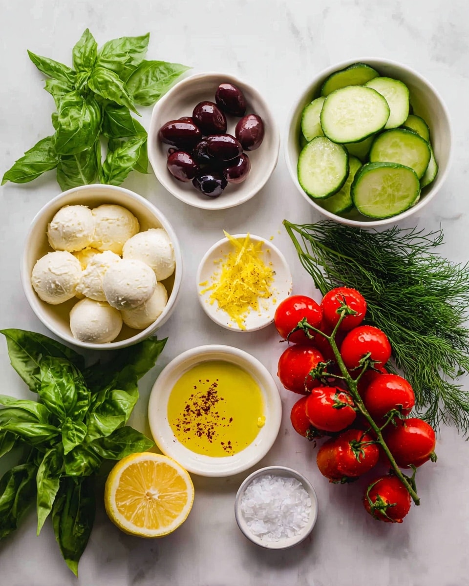 The image shows a collection of fresh ingredients arranged neatly on a white marbled surface. There are three small white bowls holding creamy white cheese balls with a smooth texture, sliced dark olives, and round slices of fresh green cucumber, each bowl filled close to the top. Next to them, a small white bowl contains golden-yellow olive oil with tiny specks of seasoning, and another small white bowl shows bright yellow lemon zest. A small dish of coarse white salt is placed nearby. A half lemon with a bright yellow inside lies flat on the surface, surrounded by fresh green basil leaves and sprigs of dill. Clusters of vibrant red cherry tomatoes on their vines rest on a small white plate, giving a fresh and colorful look. The arrangement is well spaced and displayed in a simple, clean way. photo taken with an iphone --ar 4:5 --v 7