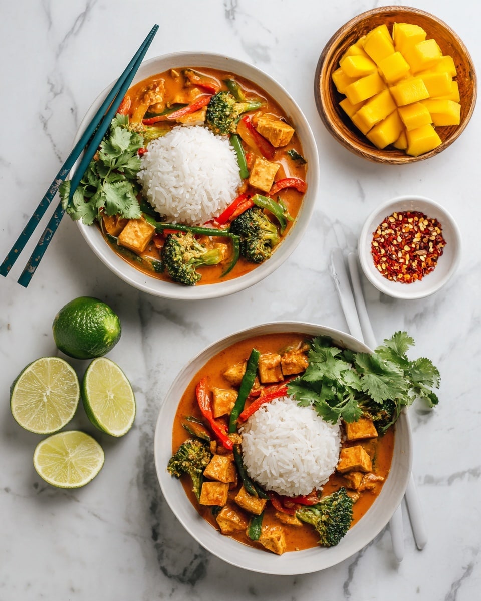 Two white bowls on a white marbled surface each hold a mound of white rice shaped like a dome in the center. Surrounding the rice is a reddish-orange curry with visible chunks of tofu, broccoli, red and green bell peppers, and onions. A small bunch of cilantro sits on top of the curry next to the rice in each bowl. Each bowl has a lime wedge resting on the rim. Dark teal chopsticks rest on the side of the top bowl. To the right, two lime halves sit on the surface near a wooden bowl filled with cubed bright yellow mango and fresh cilantro. A small white bowl filled with red chili flakes is also on the surface. Photo taken with an iphone --ar 4:5 --v 7