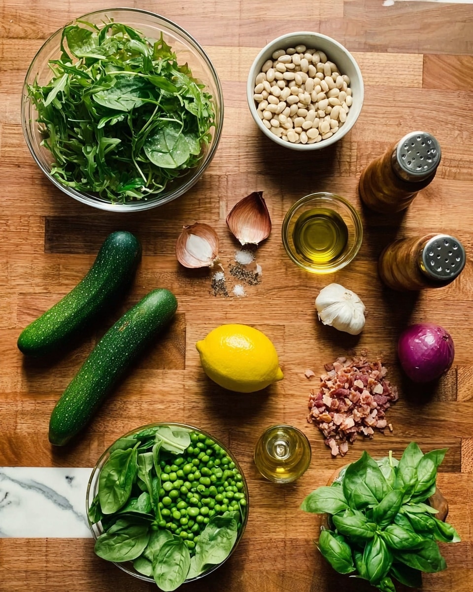 The image shows an overhead view of various fresh ingredients placed neatly on a wooden surface, arranged with bowls and loose items scattered around. There is a clear glass bowl filled with arugula leaves on the top left, next to a smaller bowl of white beans on the top right. Below the arugula are two small whole cucumbers next to a bright yellow lemon in the center. To the right of the lemon are wooden salt and pepper shakers and a small glass bowl with olive oil below them. Near the center is a small shallot, with a red onion slightly lower on the right. Two cloves of garlic rest near a small metal cup with a spout, close to a medium-sized bowl of spinach leaves at the bottom left. Next to that is a small pile of chopped bacon or pancetta, and a glass bowl filled with fresh green peas near the bottom center. Fresh green basil leaves with some wrapped stems appear in the bottom right corner. The wood texture is rich and warm, contrasting with the fresh green, yellow, and purple colors of the ingredients, all set on a white marbled surface. Photo taken with an iphone --ar 4:5 --v 7
