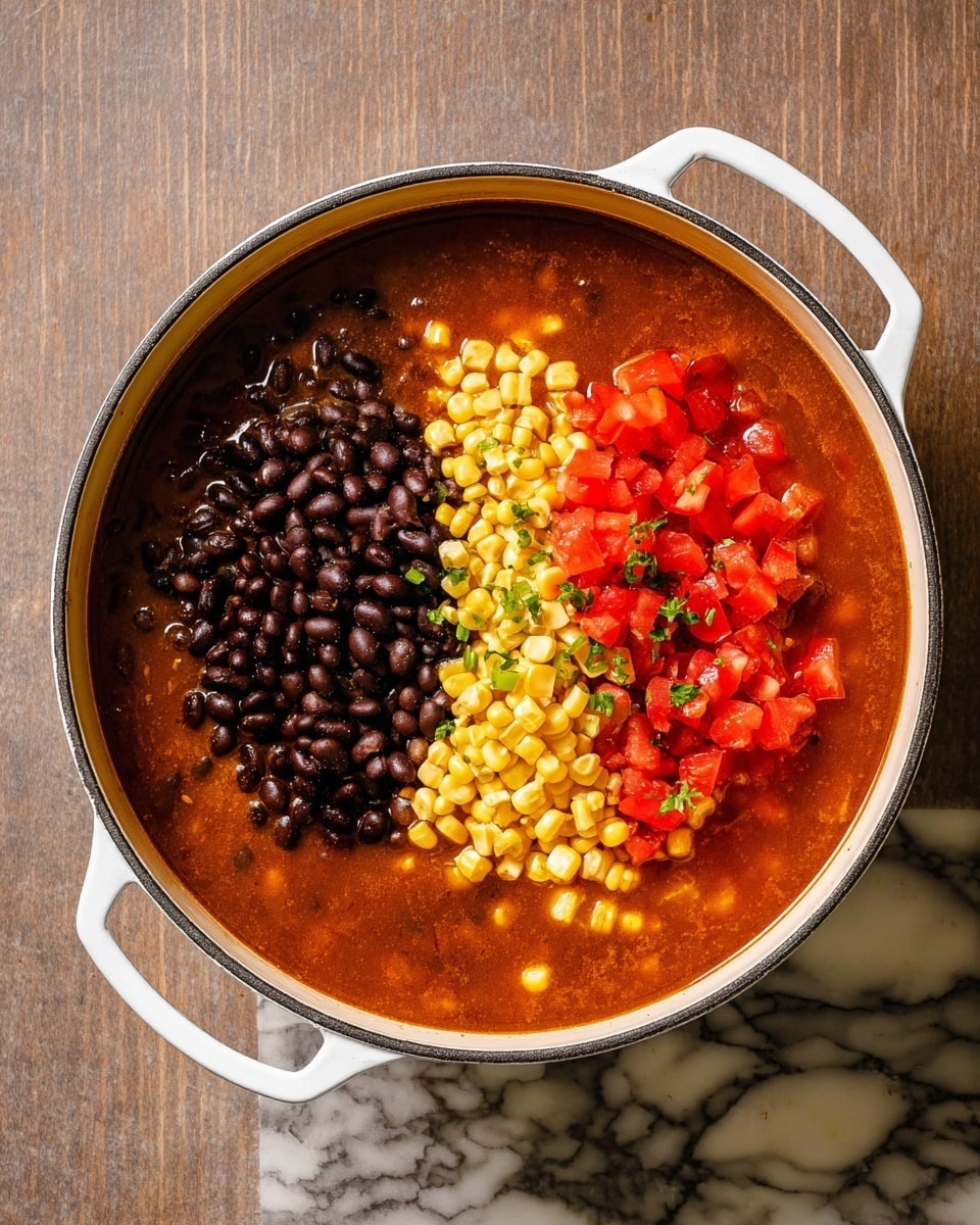 A large white pot filled with a red-brown soup base forms the bottom layer, giving a rich and slightly oily texture. On top, three distinct piles sit close to each other: shiny black beans on the left, wet bright yellow corn kernels on the bottom right, and small bright red diced tomatoes with green bits on the top right. The pot is placed on a surface with white marbled texture. photo taken with an iphone --ar 4:5 --v 7