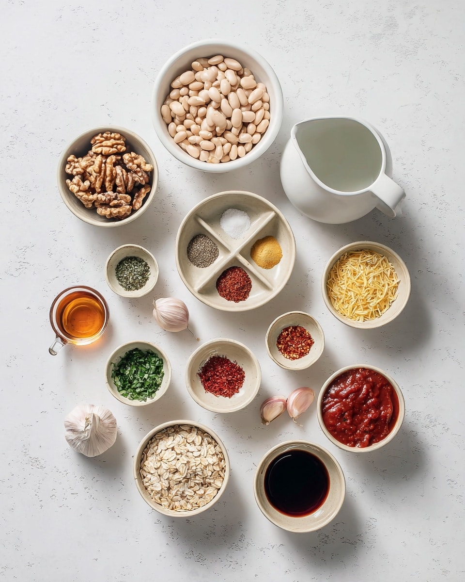 The image shows a neat arrangement of cooking ingredients on a white marbled surface. At the top center, there is a white bowl full of pale beige beans, next to a white jug filled with a clear liquid. To the left of the beans, a white bowl contains dark brown walnuts. Below the beans, in the middle, there is a beige bowl divided into five sections with different spices: white salt, black pepper, green herbs, red paprika, and red chili flakes. Surrounding this center bowl are other ingredients in small white bowls: green chopped herbs to the left, yellow flakes to the right, and beige powder below the flakes. Below the spices, there is a white bowl full of rolled oats. Further below, two small beige bowls contain red tomato paste and dark soy sauce. There are three garlic cloves scattered near the bottom right, with two small shallots at the bottom left. A small cup with amber liquid and a measuring cup with dark red chopped pieces sit near the left middle area. photo taken with an iphone --ar 4:5 --v 7