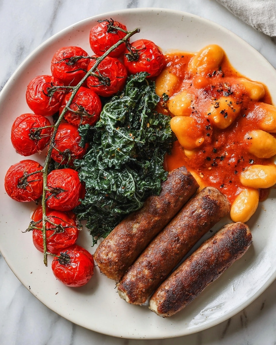 A white plate on a white marbled surface holds a colorful meal arranged in four main parts. On the left side, there is a bunch of bright red roasted cherry tomatoes still on the vine, glistening with a light oil and some black specks of pepper. Above the tomatoes, a pile of cooked, dark green kale sits loosely, showing a soft, slightly wilted texture. To the right of the kale, there is a serving of pale orange gnocchi covered in a smooth, thick tomato sauce with small black pepper flakes on top. At the bottom right, two browned, firm sausages are placed side by side, with one sausage sliced into three pieces showing a finely textured interior. Photo taken with an iphone --ar 4:5 --v 7