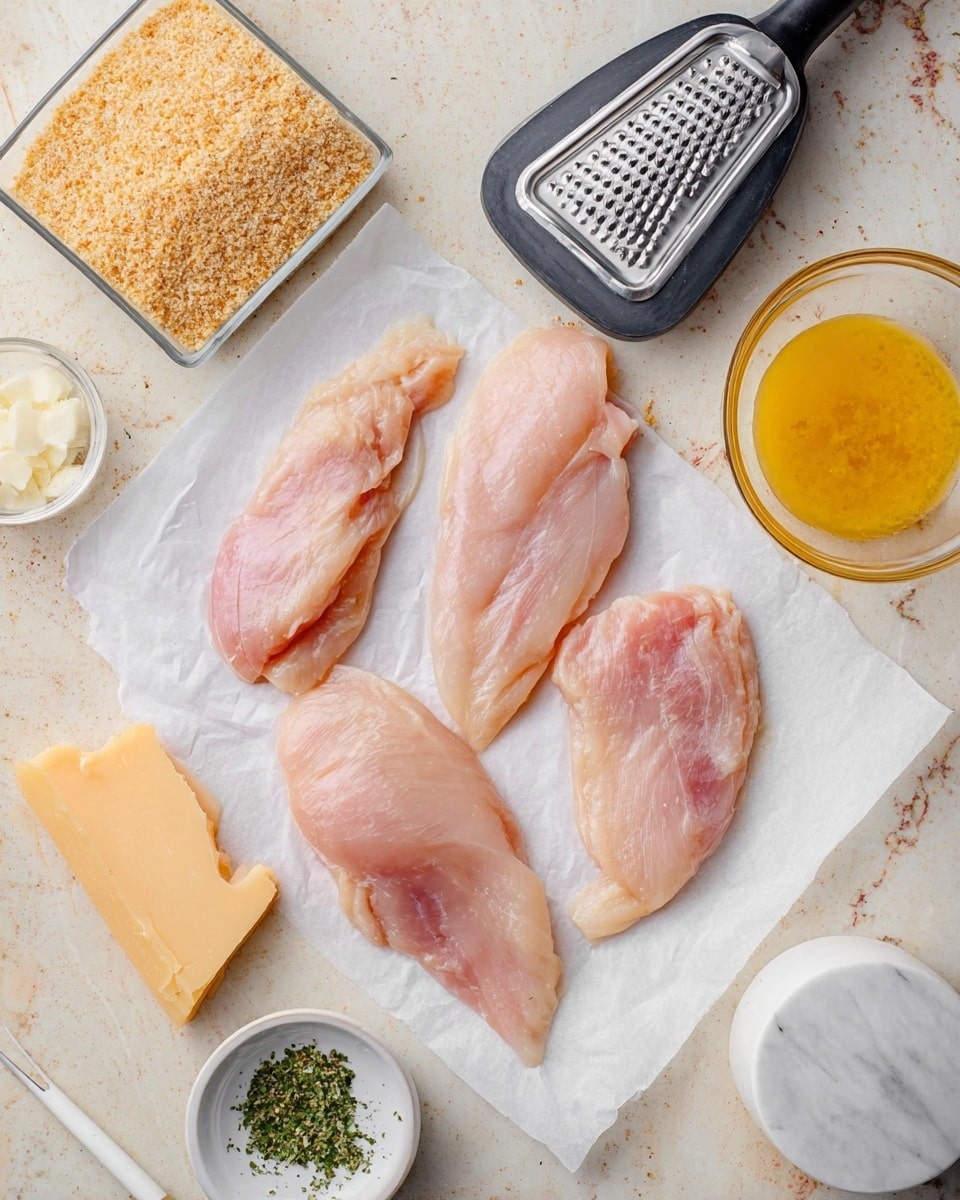 Four raw thin chicken pieces are laid out on white parchment paper; the pieces vary in size and have a light pink, smooth texture. To the top right lies a metal meat tenderizer with a black handle. A small glass bowl filled with a yellow beaten egg mixture sits to the right edge, just below the tenderizer. In the top left corner is a square clear glass dish filled with light brown breadcrumbs. Below it is a small round white bowl with green herbs. Adjacent is a small glass container with light orange sauce, and a chunk of light yellow cheese rests in the bottom left corner. A white marble-textured salt grinder is positioned at the bottom right. All items are set on a worn, white marbled surface. Photo taken with an iphone --ar 4:5 --v 7