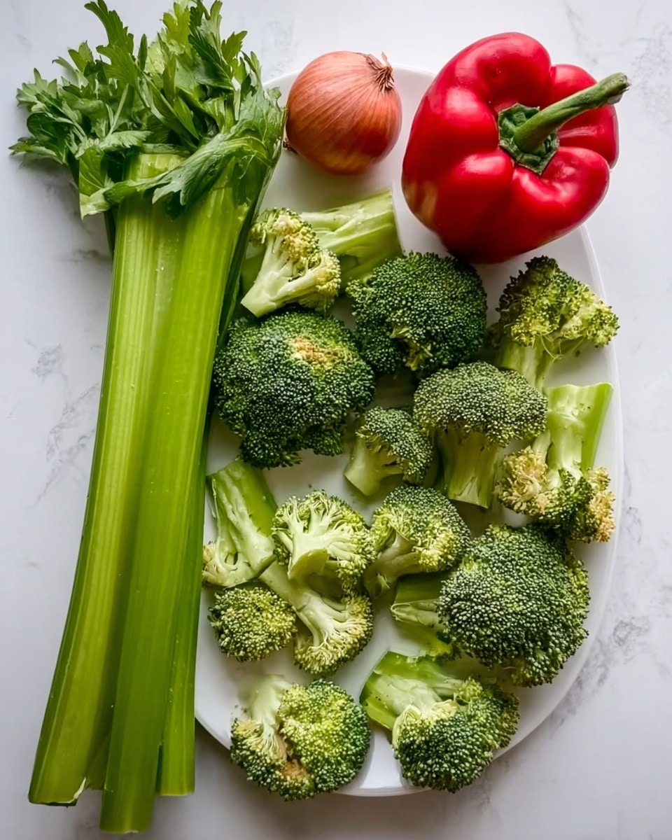 The image shows a white plate on a white marbled surface with fresh vegetables arranged loosely. There are two long, thick green celery stalks with leafy tops lying diagonally across the plate. Around the celery are many pieces of bright green broccoli florets, some large and some small. On the top right of the plate is a whole red bell pepper with a green stem. Near the top center is a whole shallot with reddish-brown skin. The colors are fresh and vibrant, with a clear focus on green from the broccoli and celery, contrasted by the red pepper and the shallot. photo taken with an iphone --ar 4:5 --v 7
