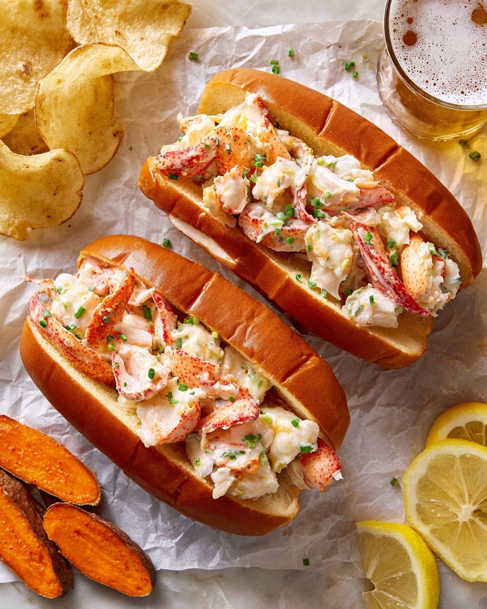 Two lobster rolls are placed on crinkled parchment paper over a white marbled surface, each roll having a soft, glossy golden brown bun sliced horizontally. Inside the buns, chunky pieces of white lobster meat mixed with small green herb bits and light creamy dressing fill the top cavity. The lobster pieces show a mix of white and bright red-orange colors. Around the rolls, there are golden potato chips on the left, bright orange slices of roasted sweet potato at the top, two lemon wedges on the bottom right, and a glass of beer with a foamy head near the top right corner. The overall look is fresh and inviting. photo taken with an iphone --ar 4:5 --v 7