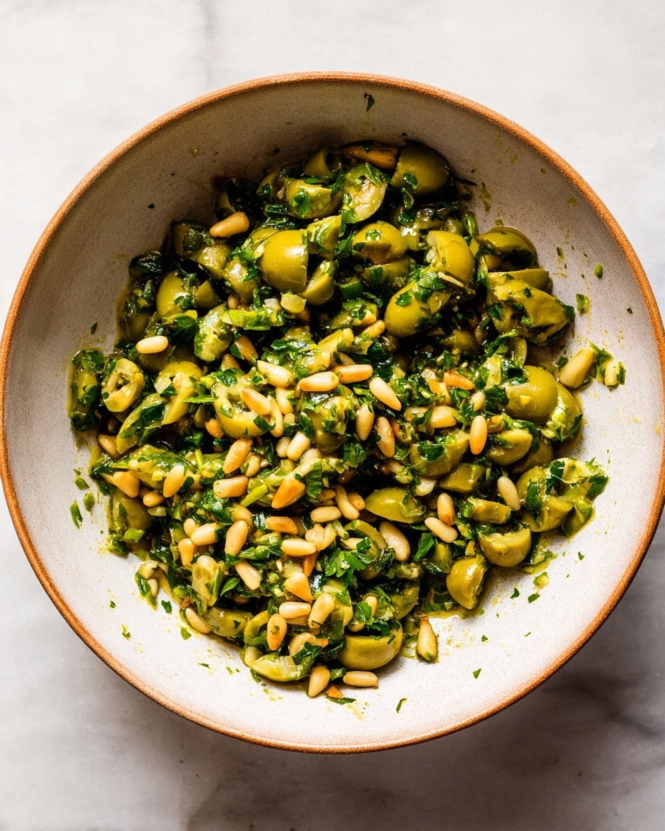 A single layer of chopped green olives mixed with small off-white pine nuts and finely chopped parsley sits in the center of a white bowl, some pieces scattered around the edges. The olives are glossy and unevenly cut, showing a soft texture. The parsley adds splashes of bright green, and the mixture is lightly coated with oil that gives a slight shine. The bowl is set on a white marbled surface, enhancing the colors of the mixture inside. photo taken with an iphone --ar 4:5 --v 7