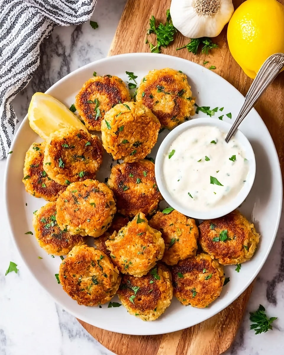 A white round plate filled with small, golden-brown patties that have a crispy texture and are sprinkled with chopped green herbs. The patties are arranged around a small white bowl of creamy white sauce with a silver spoon inside it, placed at the top right side of the plate. The plate is set on a wooden board with a whole garlic bulb and a bright yellow lemon visible in the background on a white marbled surface, with some green herbs scattered around. A striped cloth is partially visible on the left edge of the image. Photo taken with an iphone --ar 4:5 --v 7