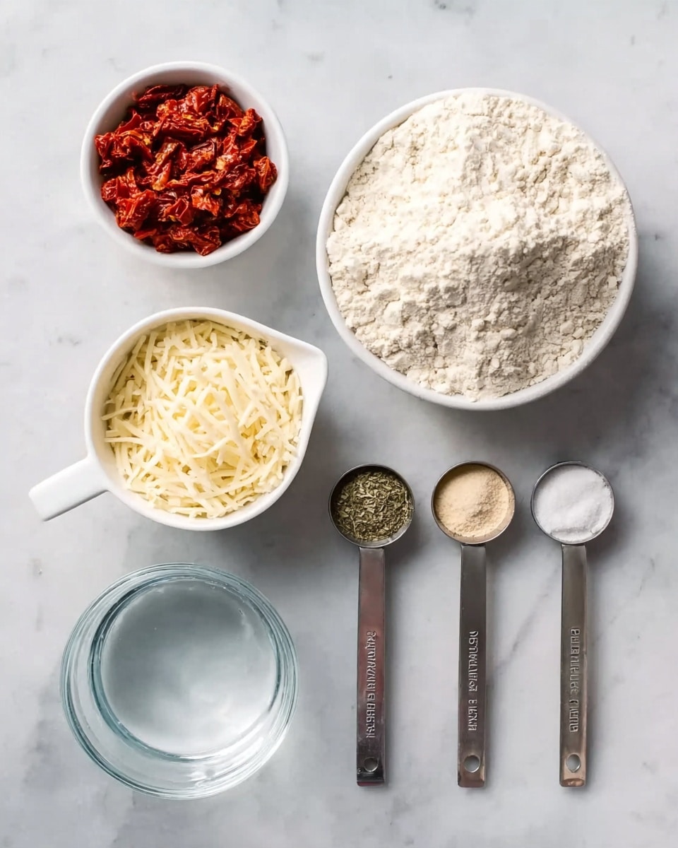 The image shows a flat lay of cooking ingredients placed neatly on a white marbled surface. At the top left is a small white bowl filled with diced red sun-dried tomatoes. Next to it on the right is a larger white bowl full of fine white flour. Below the sun-dried tomatoes is a white measuring cup holding shredded light yellow cheese. To the right of the cheese are four metal measuring spoons aligned vertically, each filled with different seasonings: the top one contains green dried herbs, the second one holds a light beige powder, the third is filled with white salt, and the bottom spoon has a pale beige powder. At the lower left corner is a clear glass bowl filled with water. The arrangement is neat and simple on the smooth white marble background photo taken with an iphone --ar 4:5 --v 7