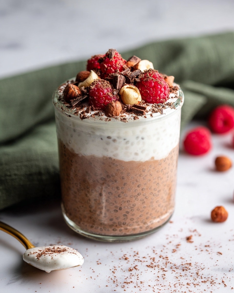 A clear glass jar holds three visible layers: a thick bottom layer of light brown chia pudding with a slightly grainy texture, a smooth pure white creamy layer on top, and a final topping of bright red raspberries mixed with whole brown hazelnuts and some finely shaved dark chocolate pieces, all sprinkled lightly with cocoa powder. The jar sits on a white marbled surface with scattered bits of raspberries and nuts around it, a gold spoon with some white cream on it lies nearby, and a green cloth is softly folded in the background. Photo taken with an iphone --ar 4:5 --v 7