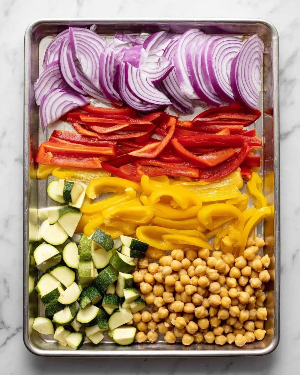 The image shows a metal baking tray on a white marbled surface, with five neat rows of colorful vegetables and chickpeas. From left to right, there are sliced purple onion rings with their glossy, thin layers, quartered chunks of green zucchini with pale green skin, strips of bright yellow bell pepper with smooth skin, strips of red bell pepper with shiny skin, and a pile of cooked chickpeas with a soft, round texture. Each ingredient is separated clearly and evenly on the tray. Photo taken with an iphone --ar 4:5 --v 7