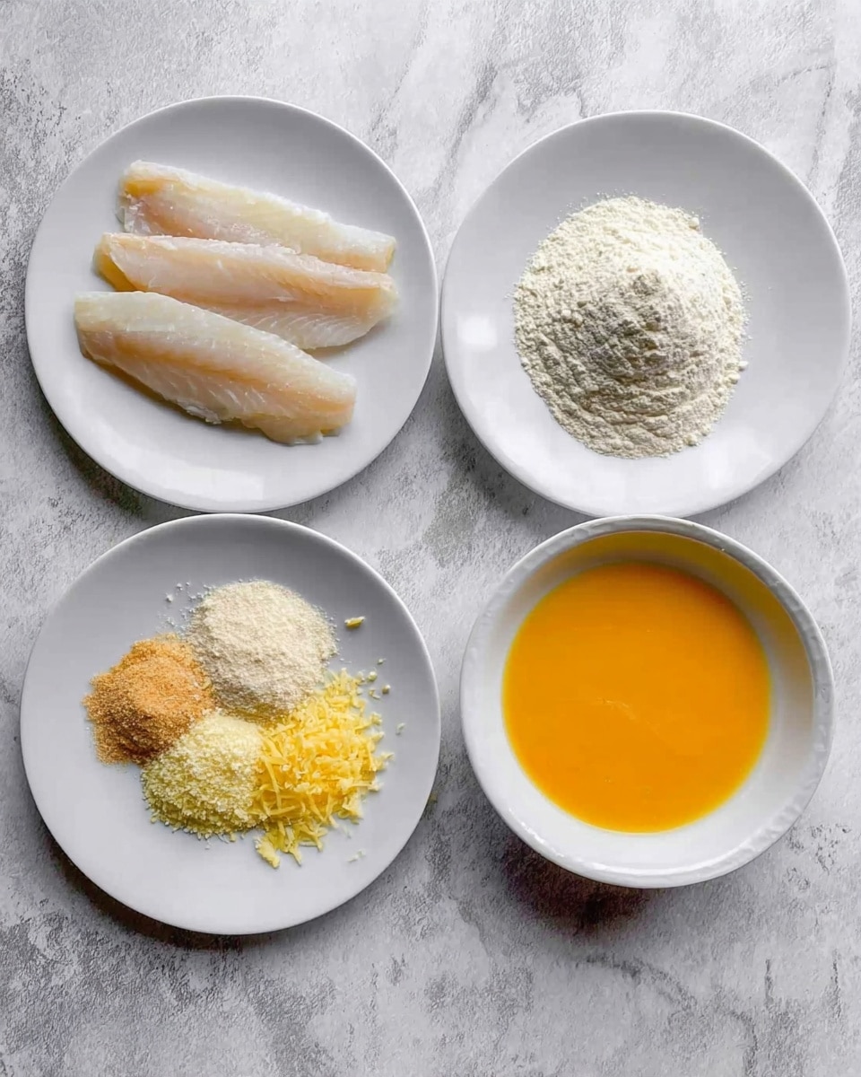 The image shows four white plates placed on a white marbled surface, each containing different ingredients for cooking. The top left plate has two raw, pale-colored fish fillets with a smooth texture, slightly overlapping each other. The top right plate holds a small pile of white flour with a fine texture. The bottom left plate contains a mix of dry ingredients: grated light yellow cheese, light brown crumbs, pale beige powder, and small bright yellow zest, all neatly arranged in separate small piles on the plate. The bottom right plate is filled with a bright orange-yellow beaten egg mixture with a smooth, liquid texture. Photo taken with an iphone --ar 4:5 --v 7