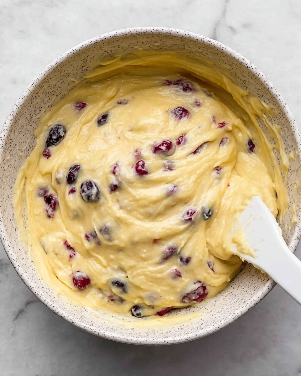 The image shows a white speckled bowl filled with a thick, creamy, pale yellow batter mixed with bright red and dark purple berries. The batter has a smooth, slightly swirled texture with the berries spread evenly throughout. On the right side, there is a white spatula partially dipped into the batter, with some batter on its edge. The bowl rests on a white marbled surface, adding a clean, fresh look to the scene. photo taken with an iphone --ar 4:5 --v 7