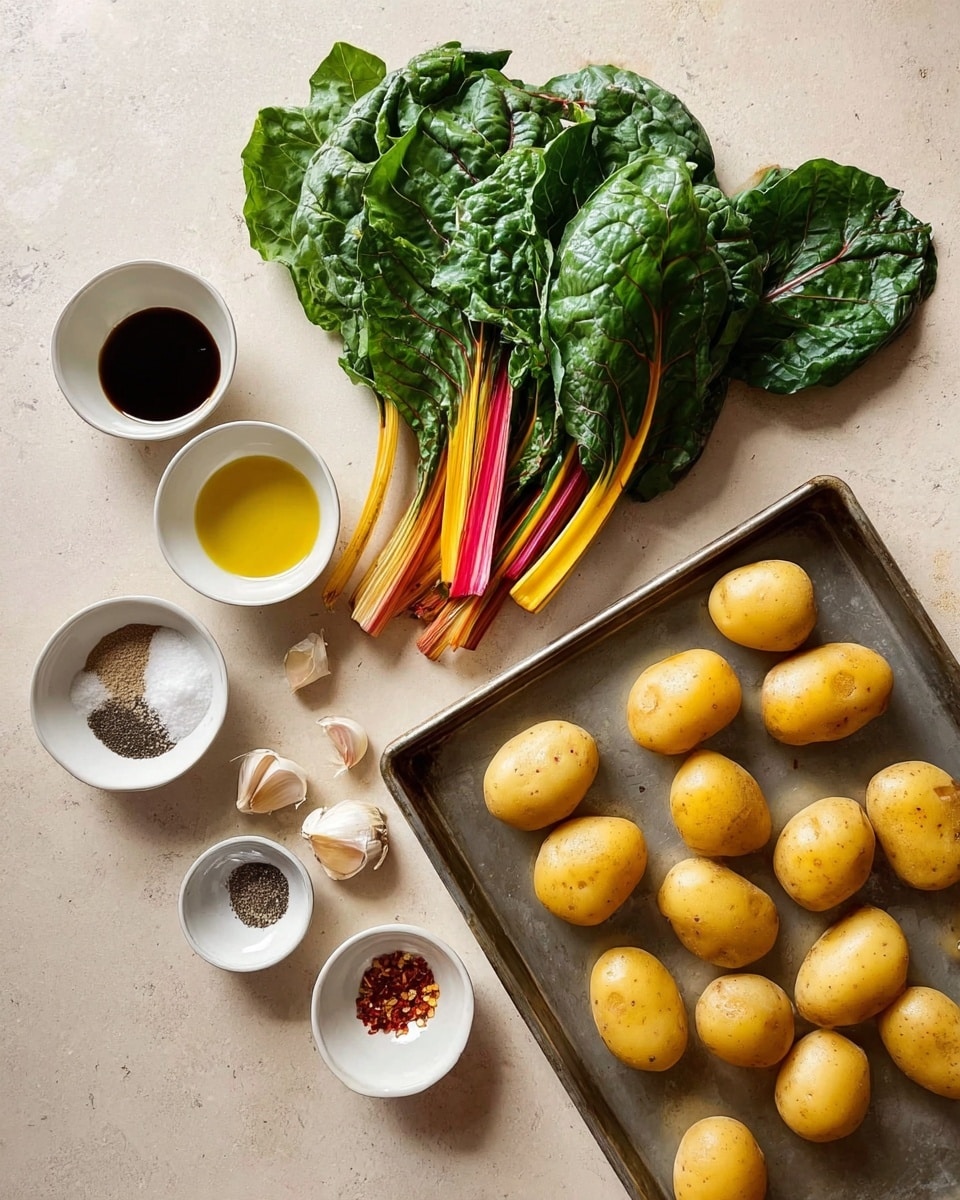 The image shows fresh ingredients arranged neatly on a white marbled surface. There are ten small yellow potatoes spread across a metal baking tray on the right side. Above the tray, a bunch of fresh Swiss chard with bright green leaves and colorful orange, yellow, and pink stems lie flat. On the left side, five small white bowls hold different ingredients: one has coarse salt and black pepper, the next has a dark liquid possibly vinegar, another has a golden olive oil, one has red pepper flakes, and the last one contains fine salt. Four garlic cloves rest in the space next to the bowls. The lighting is soft and natural, highlighting the freshness of the ingredients. Photo taken with an iphone --ar 4:5 --v 7