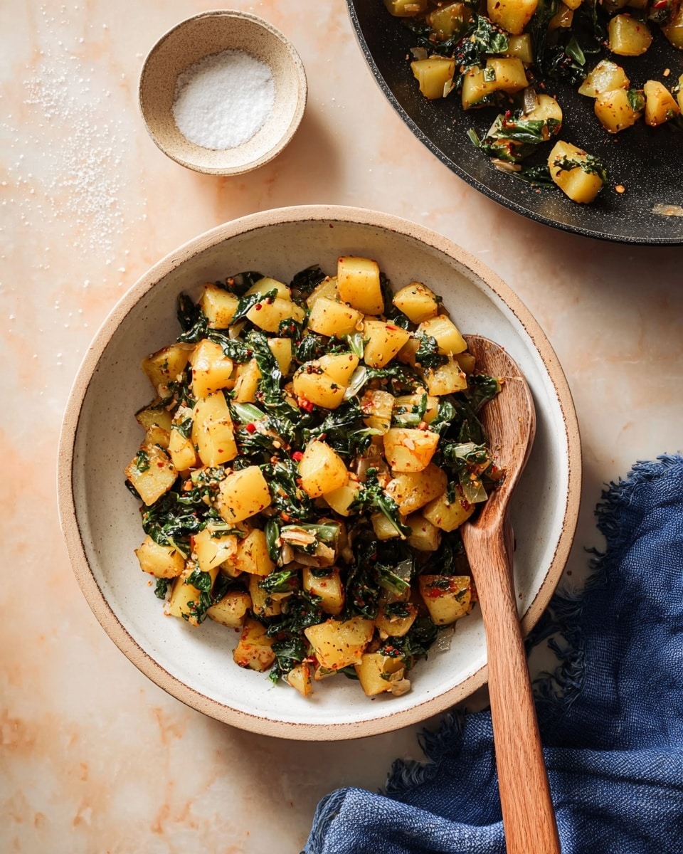 The image shows a white round bowl filled with small cubed cooked potatoes mixed with chopped dark green leafy vegetables and specks of red seasoning, creating a colorful mix of light yellow potatoes and dark greens. A wooden spoon rests inside the bowl, partially submerged under the food. In the upper right corner, part of a black pan contains the same potato mixture. A small beige bowl with white coarse salt sits on the left side on a white marbled surface. The setting is softly lit with a warm tone, and the overall appearance is fresh and inviting. Photo taken with an iphone --ar 4:5 --v 7