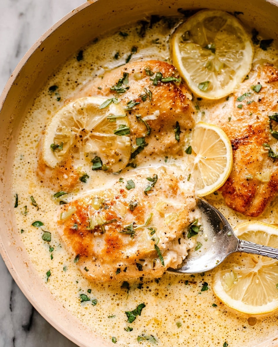 The image shows three pieces of cooked chicken in a creamy sauce inside a pan. The chicken pieces are golden brown with small green herb pieces sprinkled on top and around them. The sauce is light yellow and thick, covering the chicken halfway, with some bubbles and texture. There are thin lemon slices placed on and near the chicken, adding bright touches of pale yellow and white. A silver spoon rests under one piece of chicken, partially lifting it. The pan's inside is a soft beige color, and the background is a white marbled texture. Photo taken with an iphone --ar 4:5 --v 7