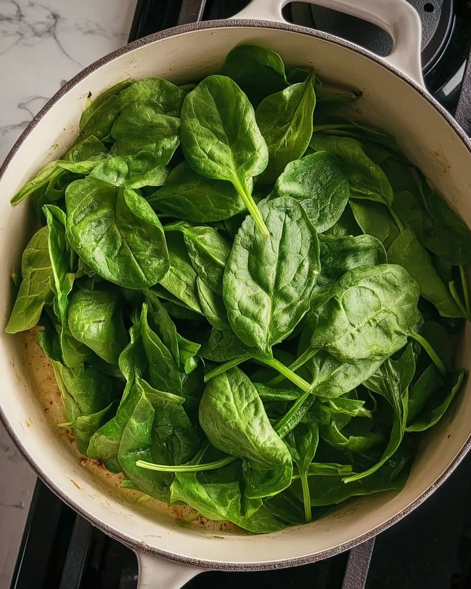 A white pot filled with light brown cooking liquid at the bottom is topped with a thick pile of fresh, bright green spinach leaves with visible veins and slight shine, covering the whole surface inside the pot. The pot is set on a gas stove, and the background has a white marbled texture. Photo taken with an iphone --ar 4:5 --v 7