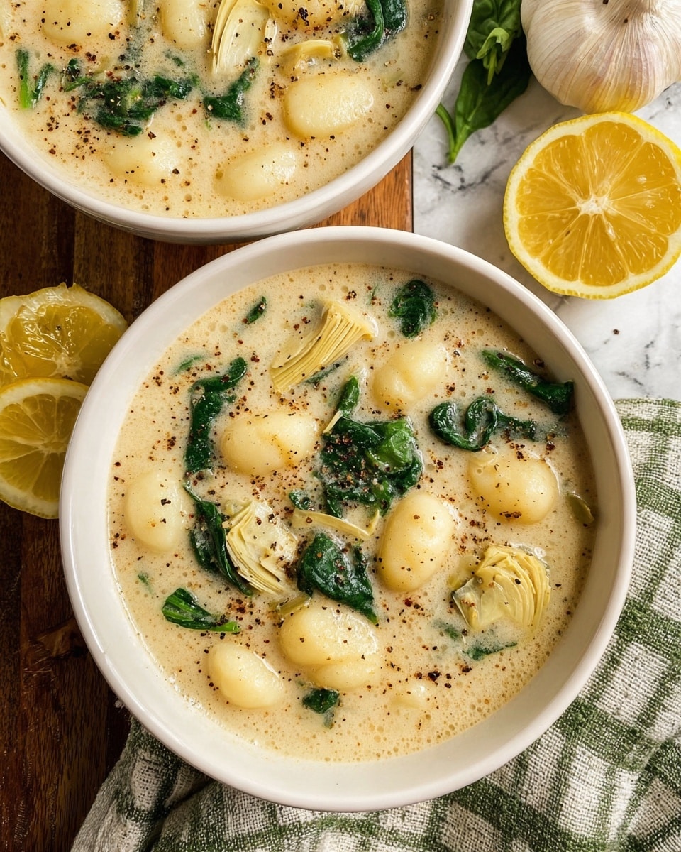 Two white bowls filled with a creamy soup containing soft, pale yellow gnocchi, green spinach leaves, and light yellow artichoke pieces, all sprinkled with black pepper. The soup has a smooth, slightly frothy texture with a warm beige color. The bowls sit on a wooden table next to a white marbled surface, with a green and beige checkered cloth and a lemon half and whole garlic bulb nearby. Photo taken with an iphone --ar 4:5 --v 7