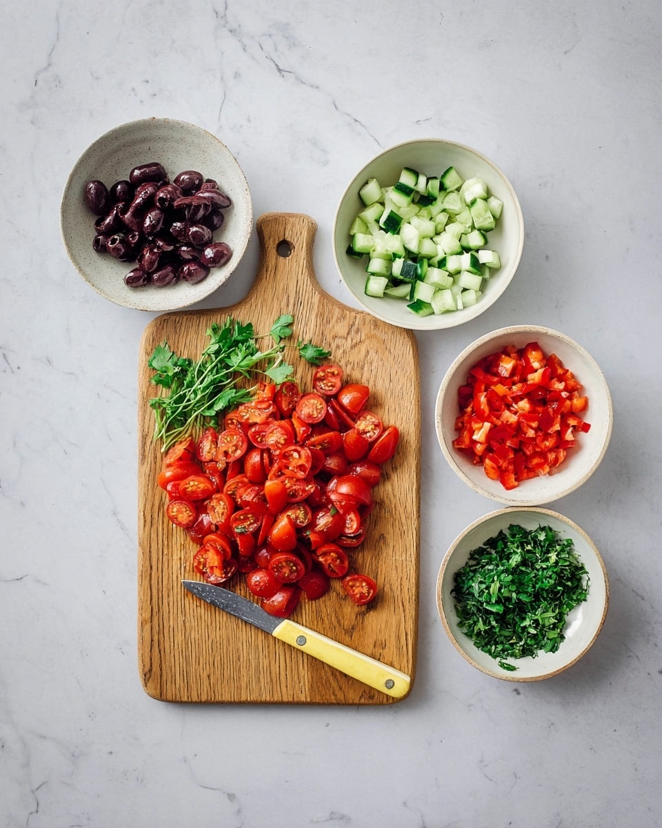 The image shows a wooden cutting board on a white marbled surface with halved bright red cherry tomatoes piled at the center and a small bunch of fresh green herbs on one side. A small knife with a yellow handle lies on the board next to the tomatoes. Around the cutting board, four white bowls hold different chopped vegetables: one with dark purple olives, another with light green cucumber pieces, one with red bell pepper chunks, and the last with finely chopped green herbs. The scene looks fresh, clean, and ready for making a salad or dish photo taken with an iphone --ar 4:5 --v 7