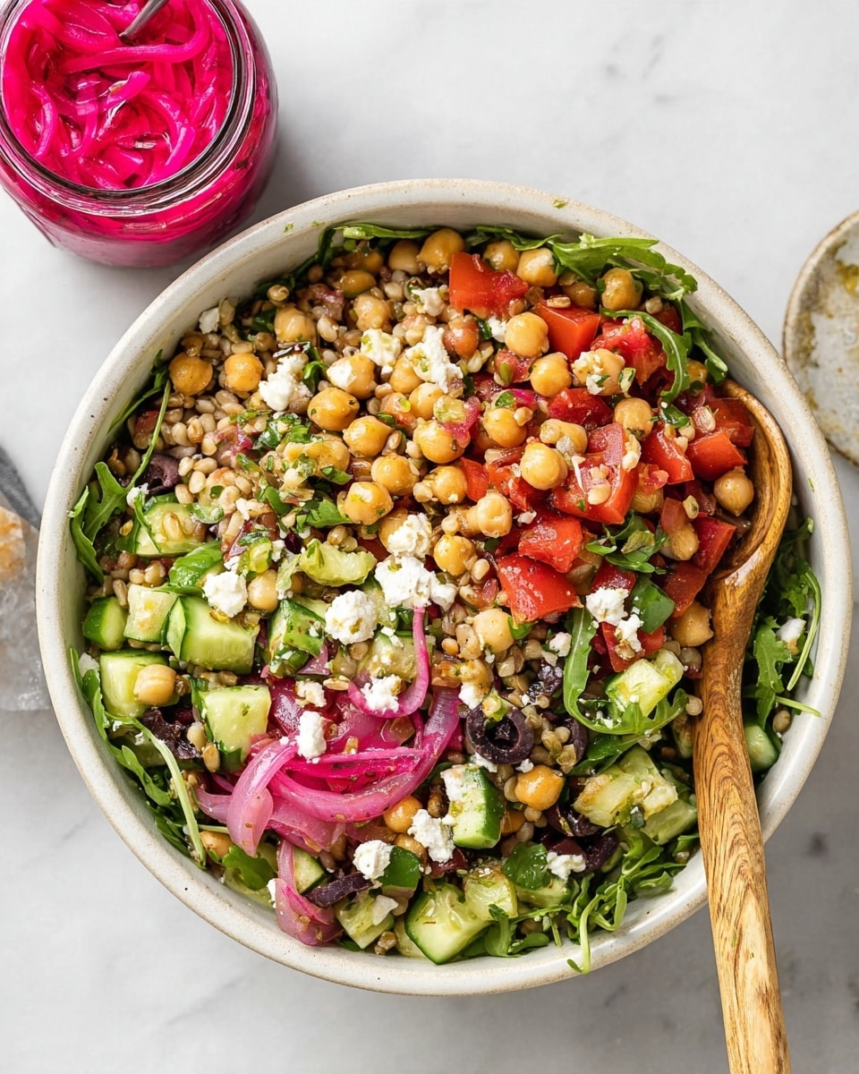 A white bowl filled with a colorful salad showing several layers: the base is made of small round chickpeas and beige grains, mixed with bright green arugula leaves scattered throughout. There are chopped pieces of red tomatoes and green cucumber chunks spread evenly around, with bits of white cheese and sliced black olives mixed in. Thin slices of pink pickled onions add more color, while a wooden spoon is partially dipped inside the bowl. The whole setup sits on a white marbled surface, with a jar of bright pink pickled onions placed nearby photo taken with an iphone --ar 4:5 --v 7