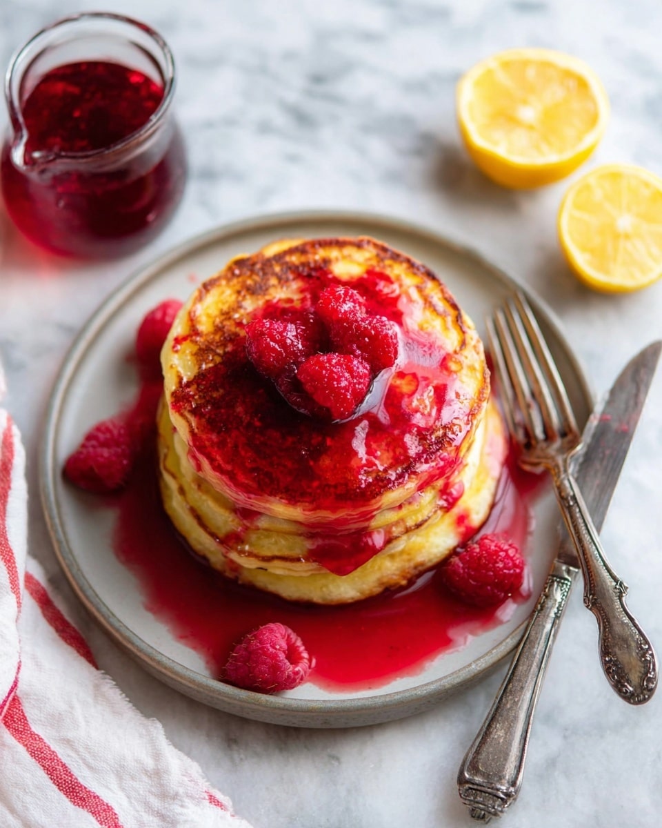 A stack of three golden-brown pancakes sits in the middle of a white plate, each pancake thick and fluffy with slightly burnt edges. The top pancake is covered with vibrant red raspberry syrup that drips down the sides, pooling onto the plate. On top of the syrup, five fresh raspberries add a bright, textured layer. Around the pancakes on the plate are a few more raspberries. To the top left of the plate, there is a clear glass jug filled with more red syrup and a spoon inside. A silver fork and knife rest on the left side of the plate, sitting on a white cloth with red stripes. In the top and bottom right corners of the frame, two lemon halves add a touch of yellow. The entire scene is set on a white marbled surface. photo taken with an iphone --ar 4:5 --v 7