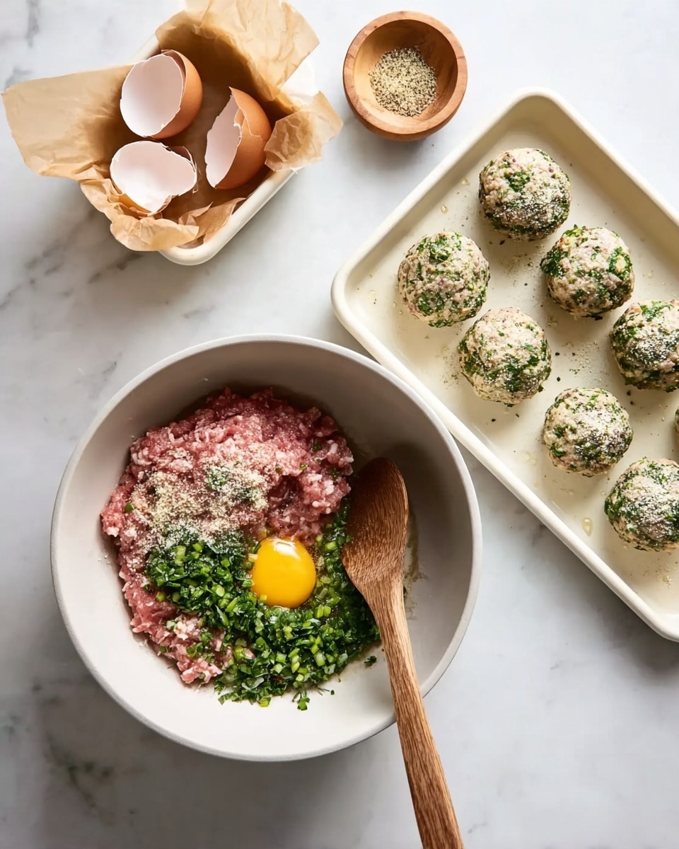 The image shows a white bowl on a white marbled surface, filled with raw ground meat in the center, surrounded by green chopped herbs, a raw egg yolk at the bottom right, and light-colored breadcrumbs sprinkled over the meat. Inside the bowl, a wooden spoon rests on the right side among the ingredients. To the right of the bowl, on a white tray, there are six round meatballs mixed with green herbs, arranged in two rows. In the top left corner, there is a white container lined with crumpled brown paper holding two empty eggshell halves. Above the tray to the right, a small wooden bowl with some seasoning inside is placed. Photo taken with an iphone --ar 4:5 --v 7