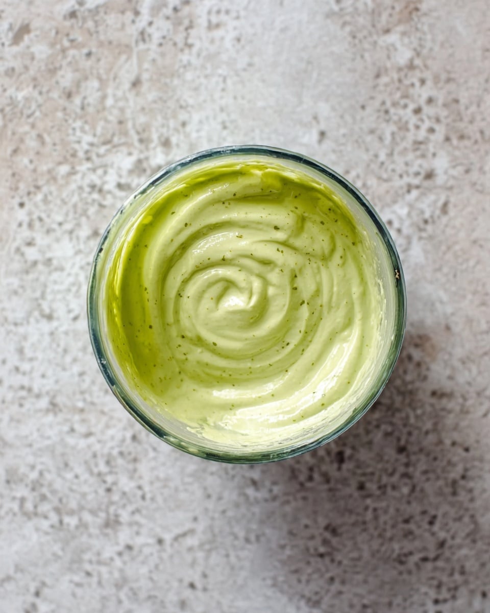 A close-up view of a small brown bowl filled with smooth, creamy pale green sauce swirled gently on top. Surrounding it are small white bowls containing finely chopped white onions and chopped dark green herbs, with a bowl of bright green lime wedges to the upper right and a small glass container with light yellow oil to the upper left, all placed on a white marbled surface. photo taken with an iphone --ar 4:5 --v 7