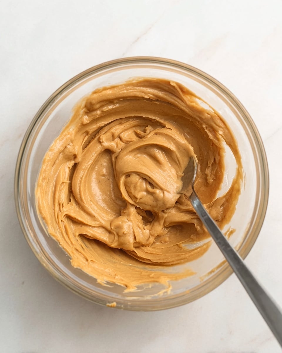 A clear glass bowl filled with light brown, smooth peanut butter with a creamy texture. A metal spoon rests inside the bowl, slightly coated with the peanut butter. The bowl is placed on a white marbled surface, and the peanut butter is swirled around evenly without any chunks or lumps. The lighting highlights the glossy texture of the peanut butter. photo taken with an iphone --ar 4:5 --v 7