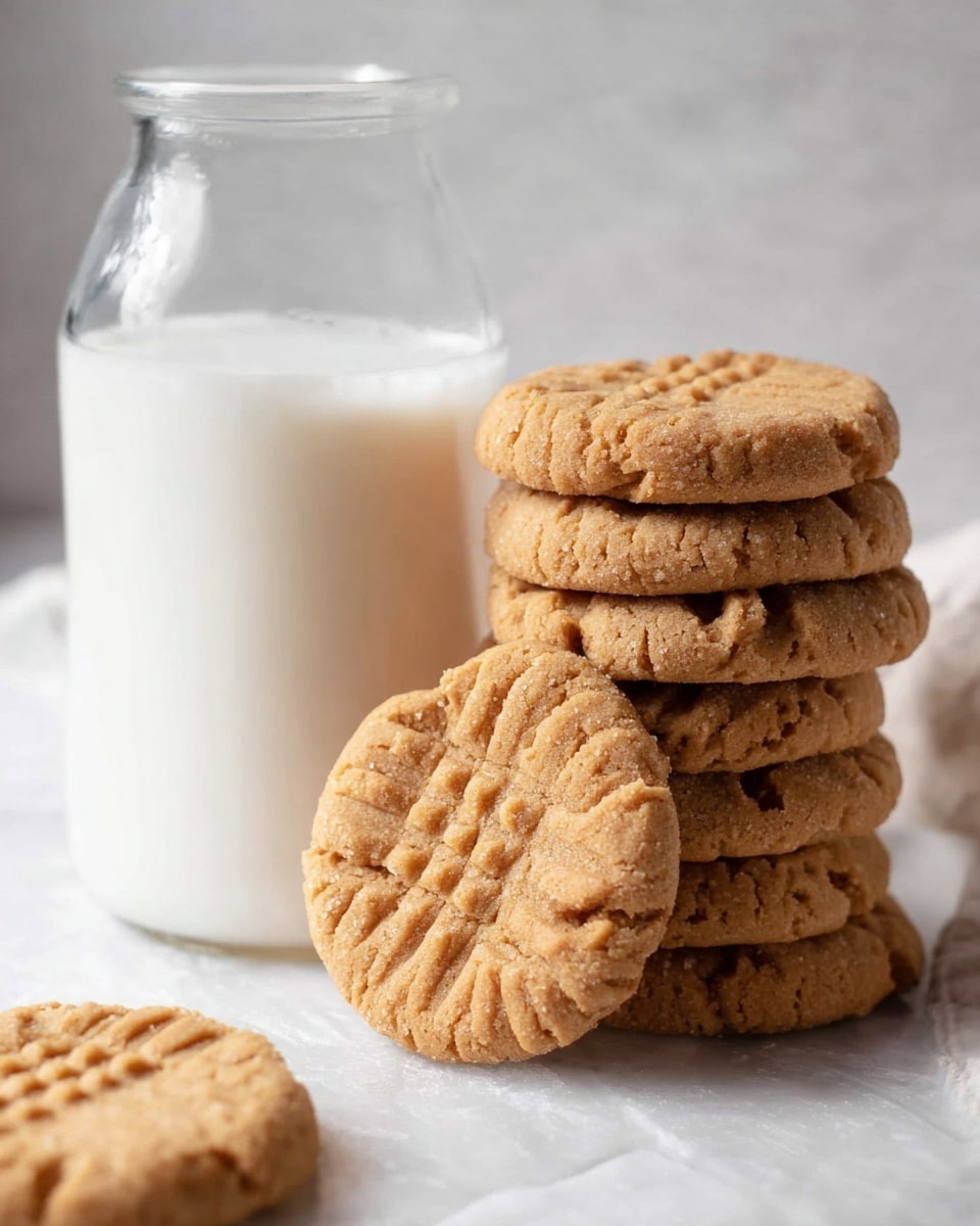 A tall stack of seven round, light brown peanut butter cookies with visible fork marks on top sits on a white marbled surface. Next to the stack, one cookie is leaning upright against a glass bottle filled with white milk, showing its textured surface clearly. Another cookie lies flat on the white marbled surface in the foreground. The overall scene is simple, with soft lighting highlighting the cookies' crumbly texture and the smoothness of the milk bottle. photo taken with an iphone --ar 4:5 --v 7