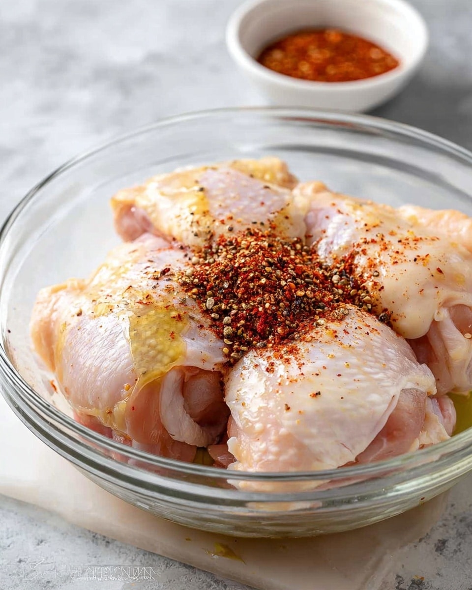 The image shows a clear glass bowl containing four pieces of raw chicken pieces with skin. The chicken is pale pink with yellowish oily drizzles on top, sprinkled with coarse black pepper and a heap of red spice mix in the center. In the background, there is a white bowl with red seasoning. The bowl is placed on a white marbled surface. photo taken with an iphone --ar 4:5 --v 7