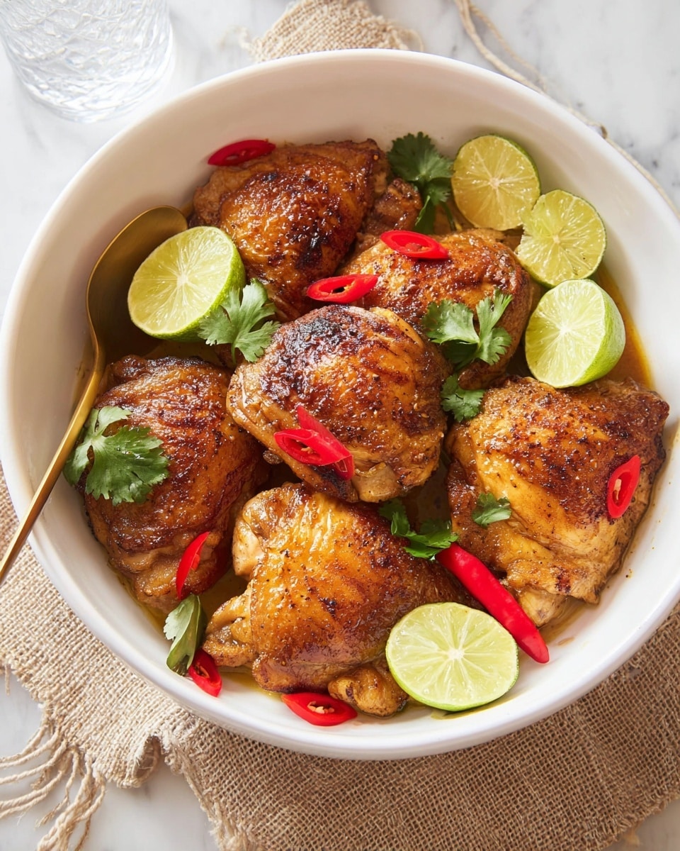 A white bowl filled with several browned chicken thighs arranged in a close layer, showing a shiny, cooked texture. On top, three lime wedges with light green and yellow colors sit alongside slices of bright red chili peppers scattered around. Fresh green cilantro leaves rest neatly on the chicken pieces, adding a fresh contrast. A thin golden spoon is placed on the edge of the bowl. The bowl rests on a beige woven cloth, and the whole scene is set on a white marbled surface. Photo taken with an iphone --ar 4:5 --v 7