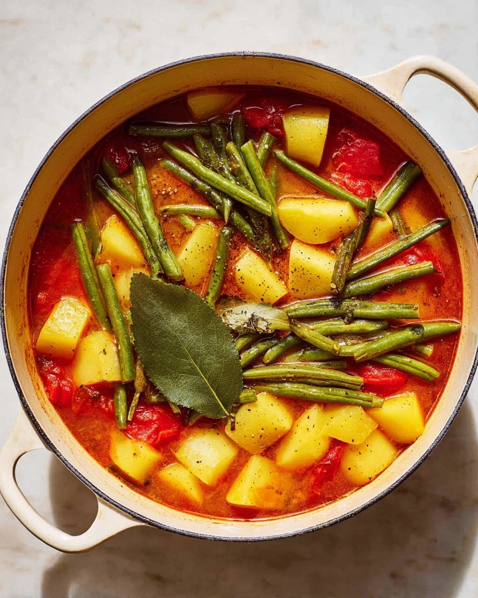 A white pot filled with a colorful vegetable stew sits on a white marbled surface. The stew has a rich red tomato broth forming the base layer, with chunks of light yellow potatoes mixed inside. On top of this, bright green long beans are scattered, adding a fresh and crispy look. There is also a large green leaf, likely a bay leaf, placed near the center, and a sprinkling of black pepper visible across the ingredients. The pot has two handles on either side, and the lighting highlights the fresh textures and vibrant colors of the vegetables and broth, creating an inviting and hearty appearance. photo taken with an iphone --ar 4:5 --v 7