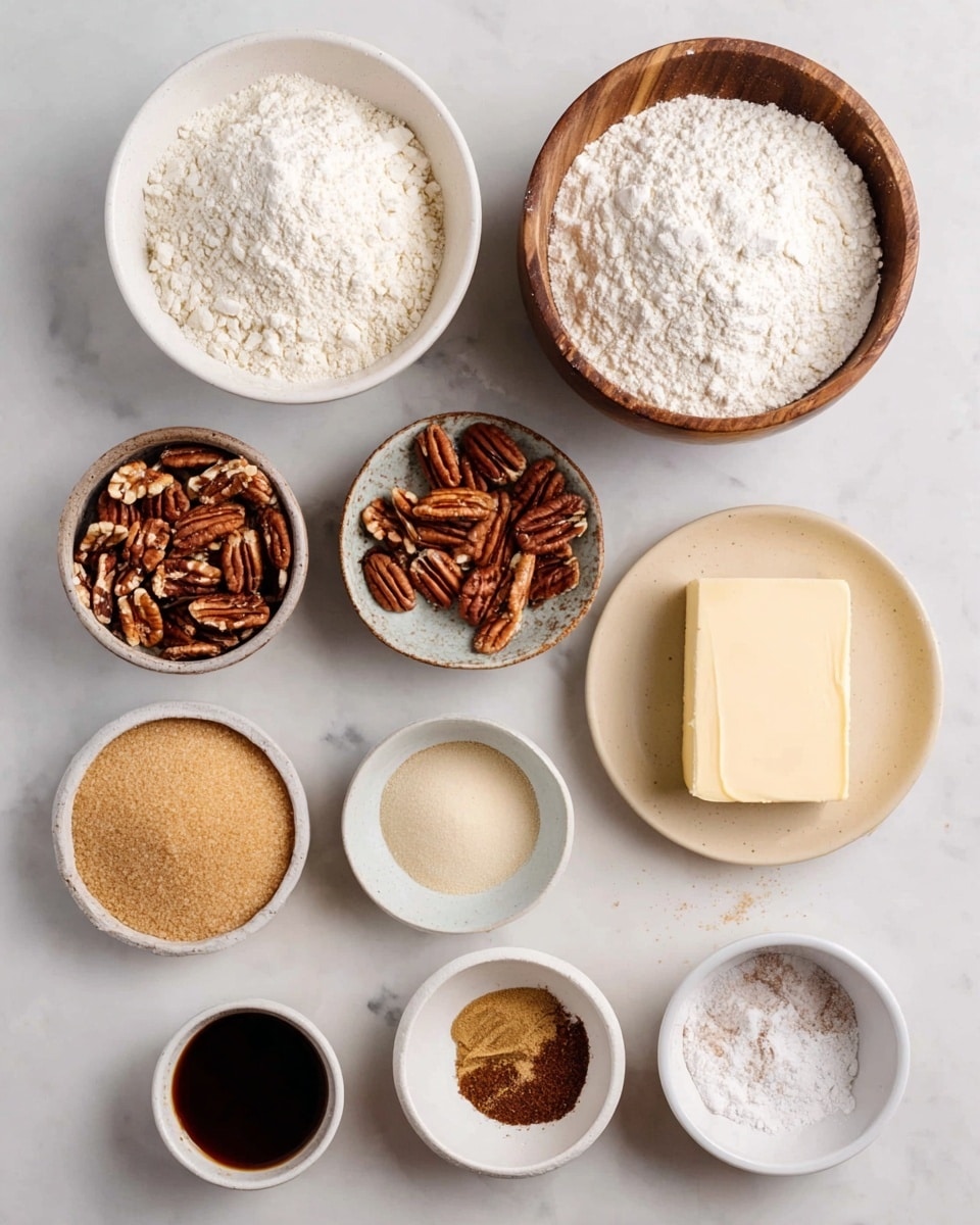 The image shows several white bowls and a small beige plate arranged on a white marbled surface, each holding different baking ingredients. Starting from the top, there's a bowl filled with white flour, to the left a bowl with brown pecan pieces, and to the right a wooden bowl densely packed with white granulated sugar. Below the flour is a dark liquid in a bowl, beside it on the right is a beige plate with a rectangular piece of pale yellow butter. Lower down are a bowl with light brown sugar, a bowl with a pale yellow liquid, and two smaller white bowls filled with white baking powder and a mix of cinnamon and nutmeg spices. The colors range from light cream and white to dark brown, showing a variety of textures such as powdery, granular, creamy, and chunky. photo taken with an iphone --ar 4:5 --v 7