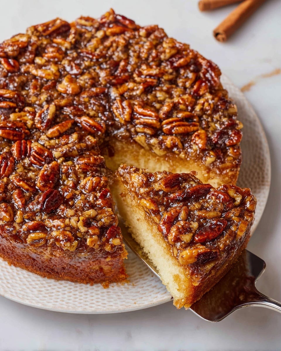 A round two-layer cake sits on a white plate with a textured rim placed on a white marbled surface. The top layer is thickly covered with glossy, caramelized pecan halves and pieces that form a shiny, uneven nutty crust in warm brown and amber tones. The bottom layer is a light yellow cake with a soft, smooth texture, visible where a wedge has been cut out and lifted on a silver cake server, showing the contrast between the cakey base and the rich pecan topping. A cinnamon stick lies blurred in the top right corner. photo taken with an iphone --ar 4:5 --v 7