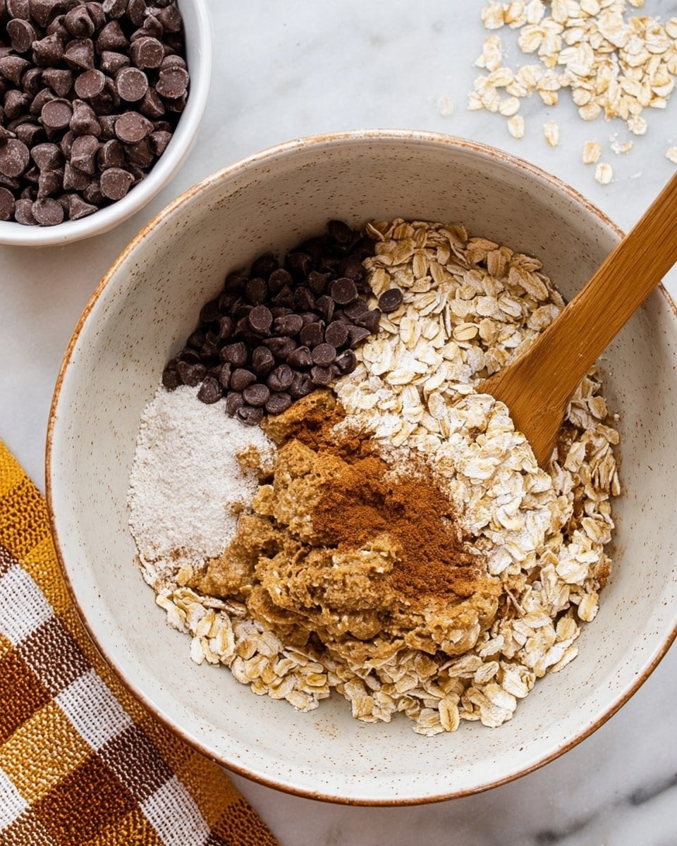 A large white bowl filled with layers of light brown sticky dough at the bottom, topped with a thick layer of beige rolled oats covering most of the surface. On the right side, a dark layer of small chocolate chips sits beside the oats, and in the center, a small mountain of cinnamon and white powder spices rests on top. A wooden spoon lies diagonally inside the bowl, partially covered in oats and spices. The bowl sits on a white marbled surface, with a white bowl filled with chocolate chips in the top left corner and a towel with brown, white, and yellow checkered pattern on the bottom right. Photo taken with an iphone --ar 4:5 --v 7