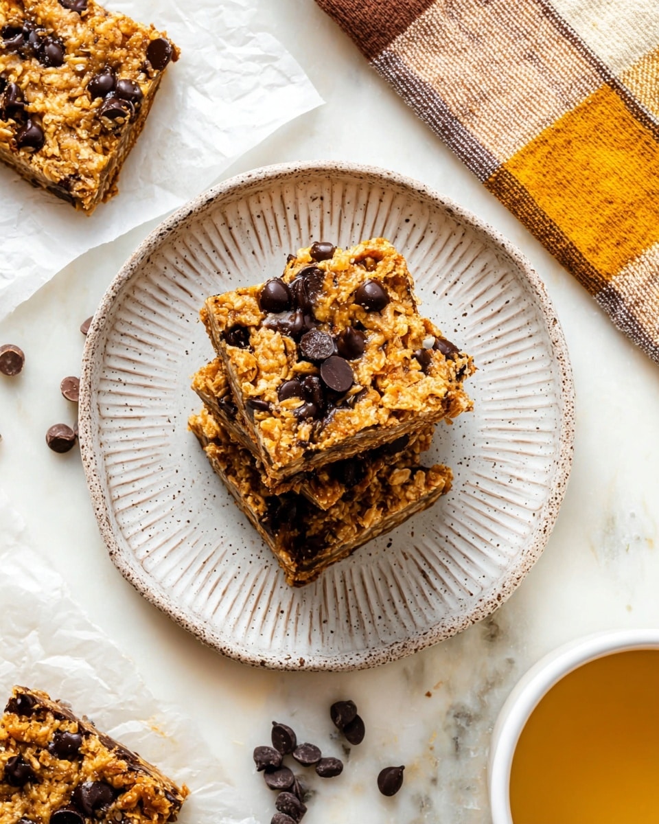 Three square oat bars with melted dark chocolate chips scattered on top rest stacked unevenly on a white speckled plate with ridged edges, placed on a white marbled surface. Each bar is golden brown with visible oats and chocolate chunks embedded in the textured, slightly crumbly surface. Nearby, a fourth bar sits partially wrapped in white parchment paper, showing a rougher edge with more visible chocolate and oat layers. Dark chocolate chips are scattered around the plate, and a brown, white, and mustard yellow checkered cloth is partially visible in the upper right corner. A white ceramic cup and a container with a yellow liquid are seen at the edges of the frame. Photo taken with an iphone --ar 4:5 --v 7