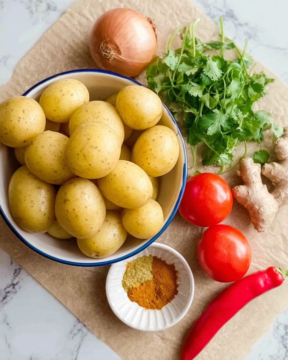 A white bowl filled with smooth light yellow potatoes is placed on a white marbled surface. Next to the bowl, there are two small bright red tomatoes, a light brown onion, and a piece of light brown ginger root. Fresh green cilantro with delicate leaves lies beside a small white bowl that holds two types of yellow-brown spices separated inside. A small red chili pepper rests near the edge of the potato bowl. The photo is taken with an iphone --ar 4:5 --v 7