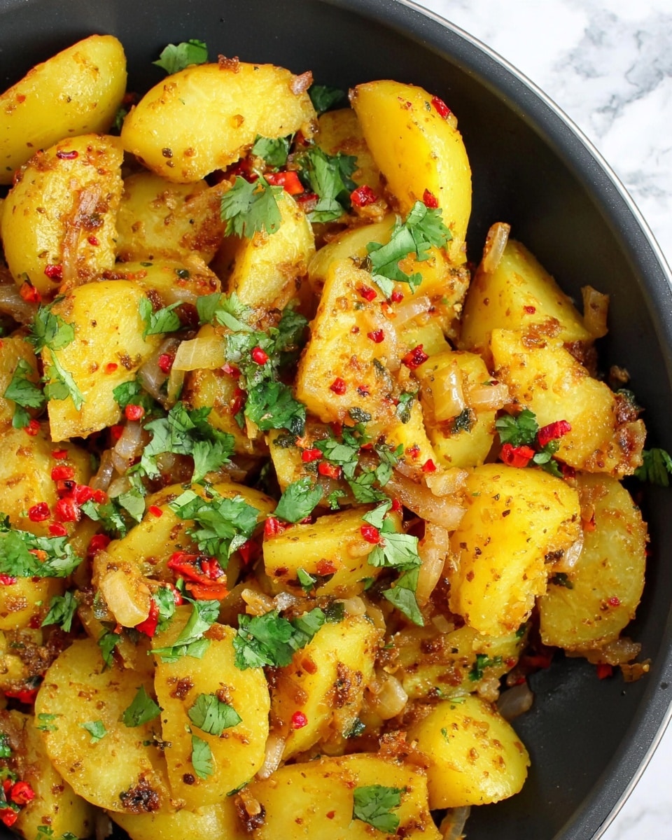 This close-up image shows a dish of cooked yellow potato wedges mixed with pieces of light brown onions and small red chili flakes. The potatoes are soft with a slightly crispy texture on the outside. Bright green cilantro leaves are scattered on top, adding freshness and color contrast. The food is in a black pan, and the background is a white marbled texture. The overall look is warm and inviting, with a mix of yellow, red, green, and brown hues. photo taken with an iphone --ar 4:5 --v 7