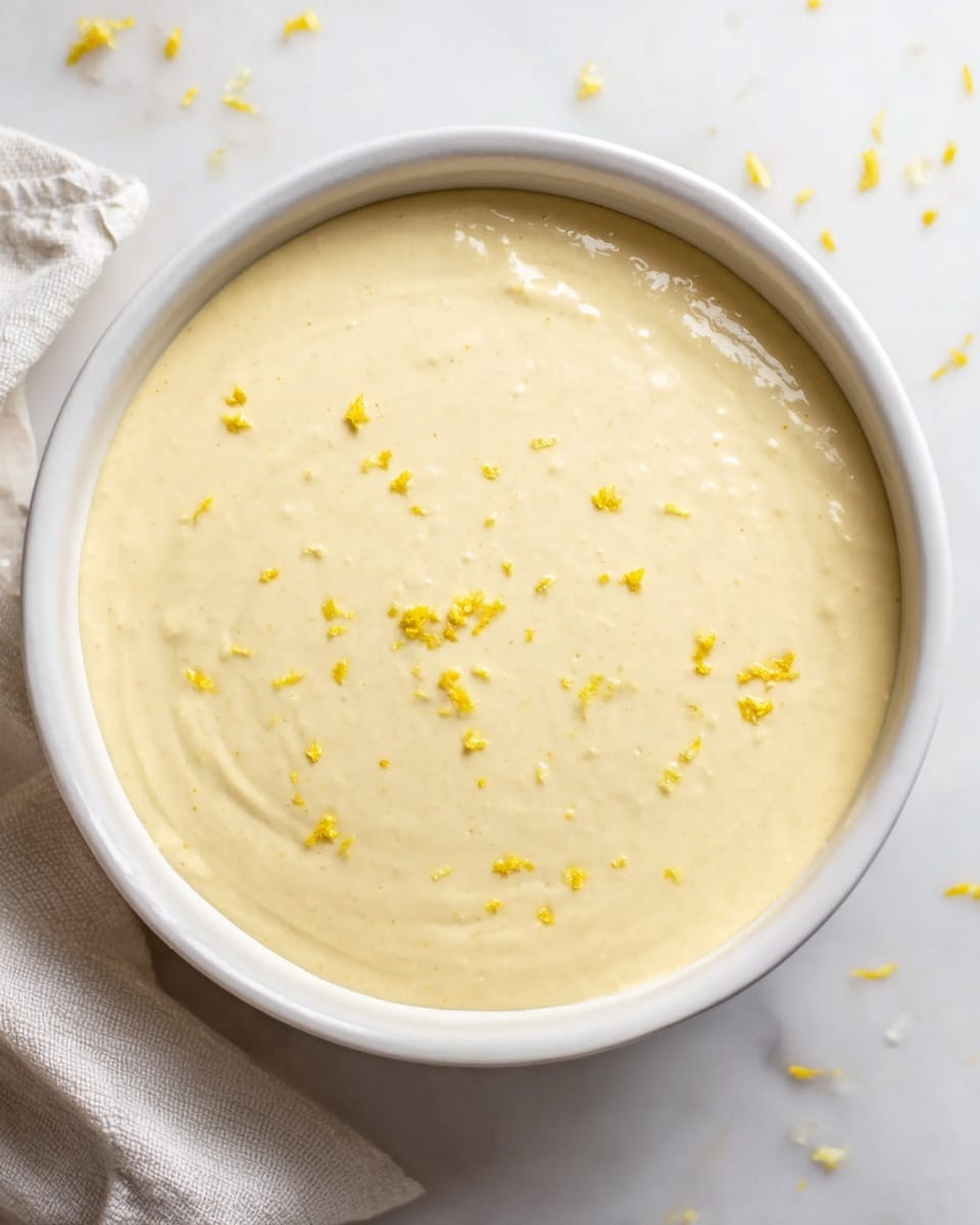 A smooth, creamy pale yellow batter fills a white bowl evenly up to the top edge. Small scattered bright yellow bits of zest rest lightly on the batter's surface, adding fine texture contrast. The bowl sits on a white marbled surface with a soft cloth nearby and small crumbs or zest pieces around it. The overall look is fresh and neat, focusing on the thick, uniform batter inside the bowl. photo taken with an iphone --ar 4:5 --v 7