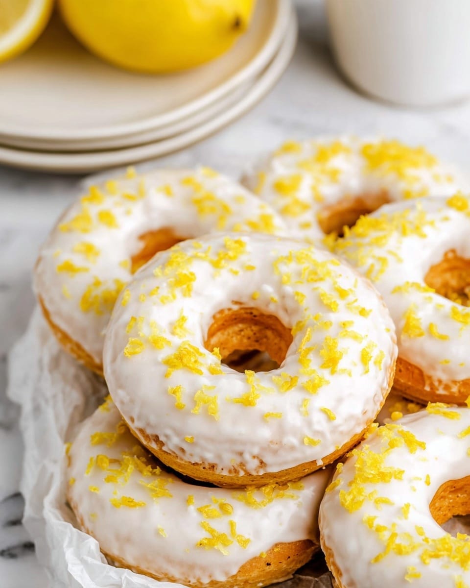 A close-up of five round lemon donuts arranged closely together on white parchment paper resting on a white marbled surface. Each donut has a smooth white icing layer covering the top, sprinkled with small bright yellow lemon zest pieces that add texture and color contrast. The donuts are golden-brown under the icing, and in the background, there is a stack of white plates and a partially visible lemon, adding a fresh and clean feel to the scene. photo taken with an iphone --ar 4:5 --v 7