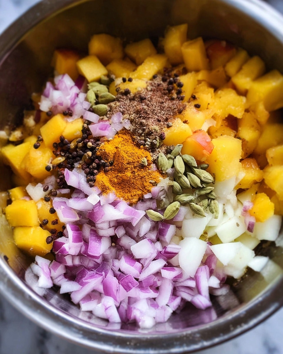 A close-up view inside a silver mixing bowl shows a colorful mix of chopped ingredients. The base is made of small yellow-orange chunks that look like peaches or mangoes. Scattered on top are light white cubes, likely apples, and finely chopped purple onion pieces. Dark whole peppercorns and light green cardamom pods are sprinkled around the center. There are also small piles of ground brown spices and a dusting of orange powder, likely turmeric, adding contrast. The mix is fresh and vibrant, with textures ranging from soft fruit to crisp onion and seeds. The background is a white marbled texture. photo taken with an iphone --ar 4:5 --v 7